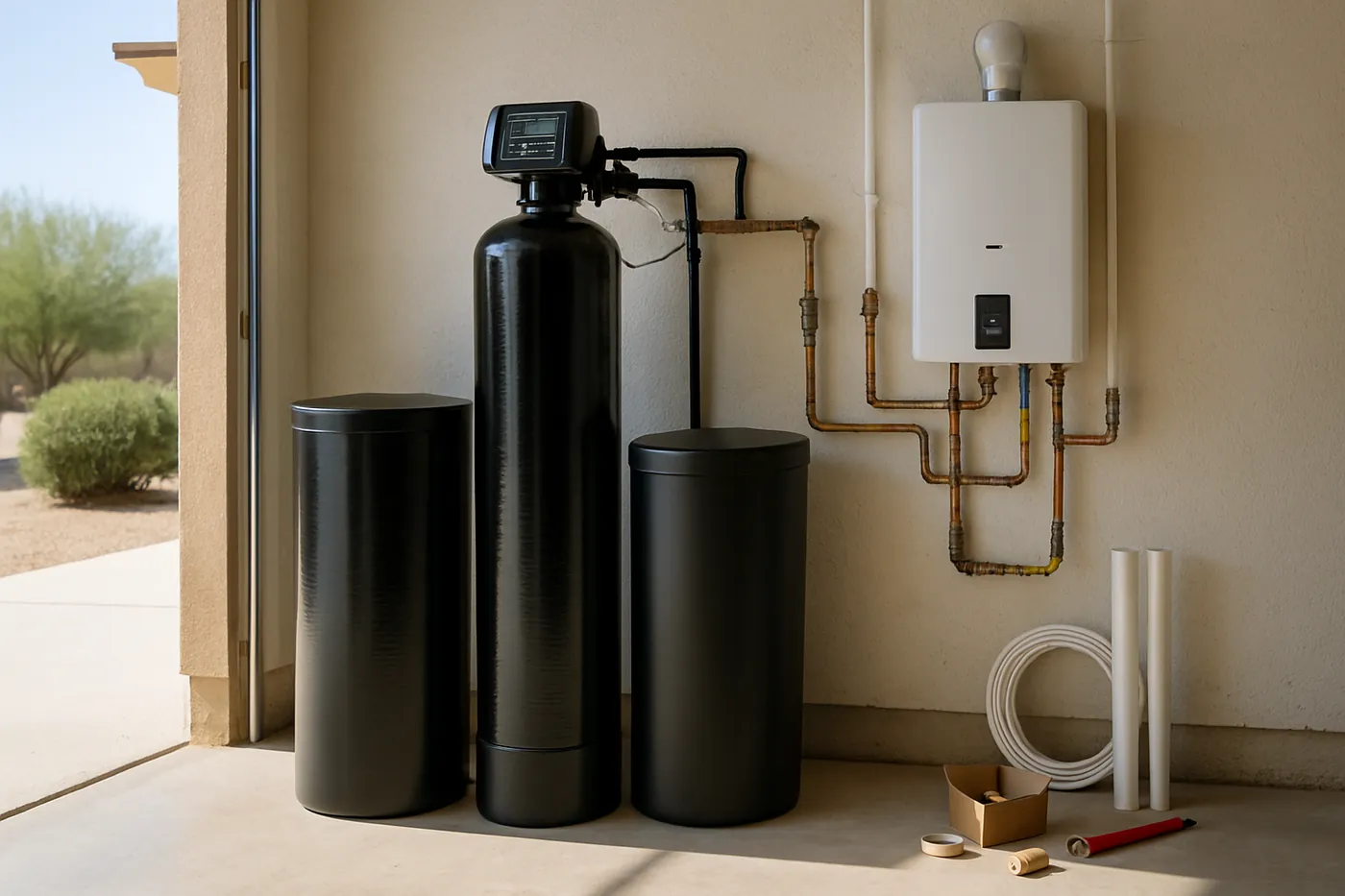 Commercial twin-tank water softener staged for installation in Peoria